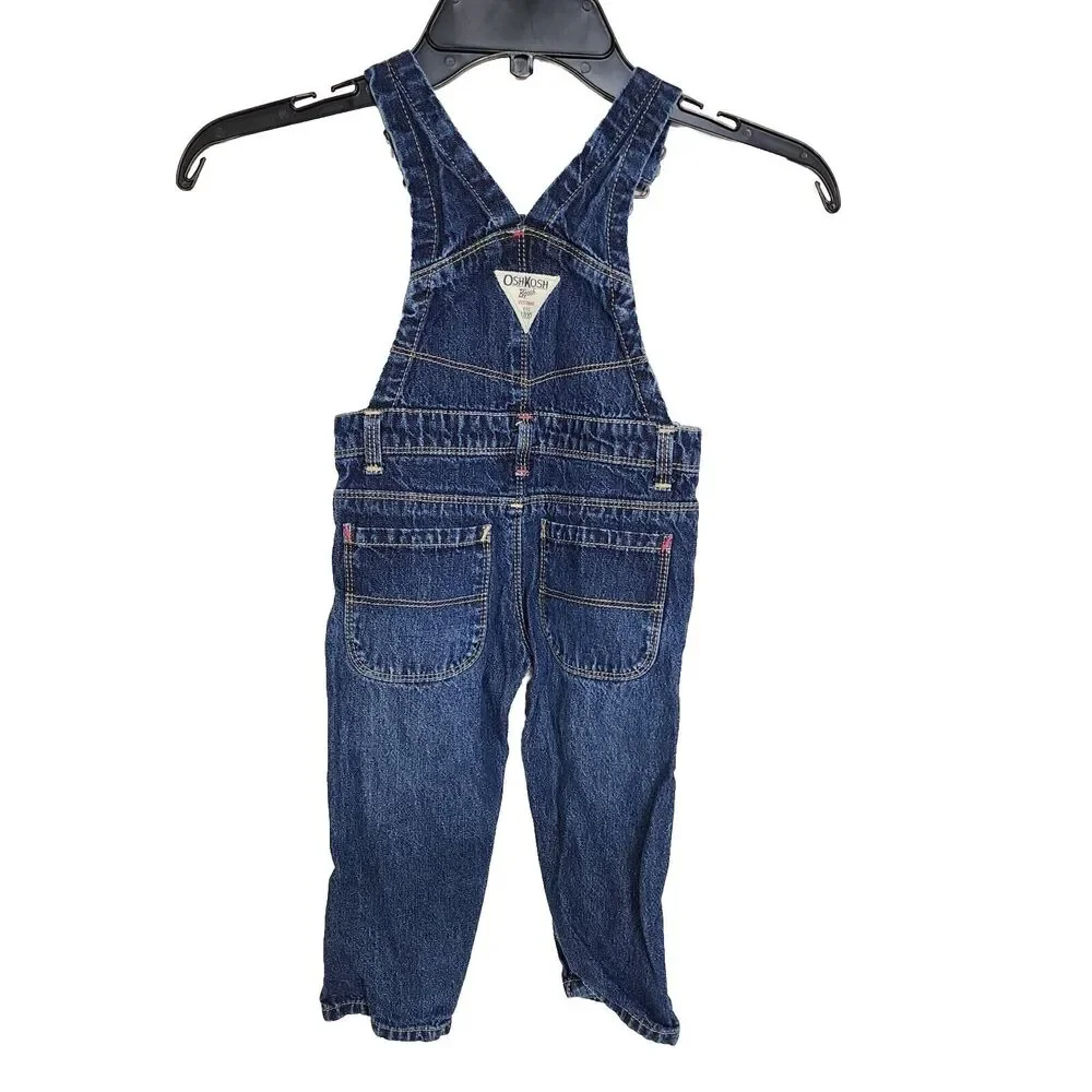 OshKosh Bgosh Toddler Girls Vestbak Overalls 18mo Blue Denim Embroidered Hearts